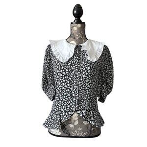 Topshop Women's 6 Black & White Stars Print Short Sleeve Ruffled Collared Blouse